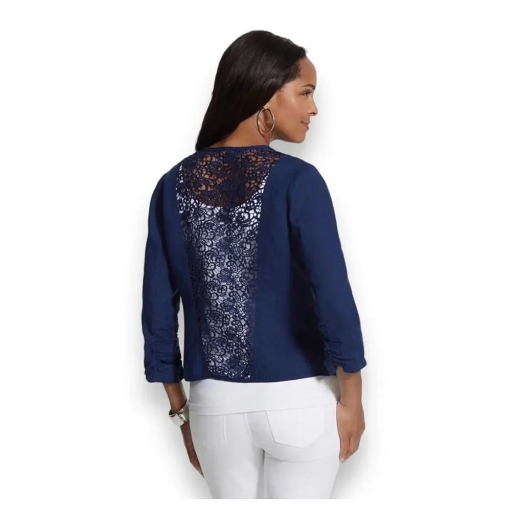 Chicos Linen Open Front Navy Blue Jacket XL Lace Back Ruched‎ Sleeve Layering